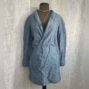 Free People - ‘Done Up’ Blue Denim Long Sleeve Plunge Neck Mini Dress